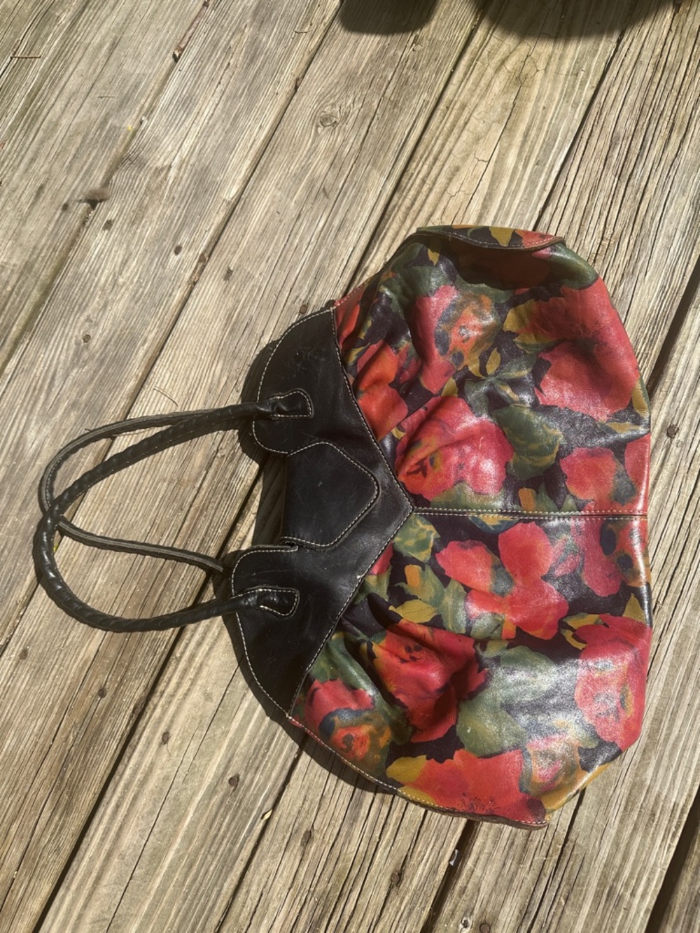 Patricia Nash Red Floral Tote with Black Leather Trim